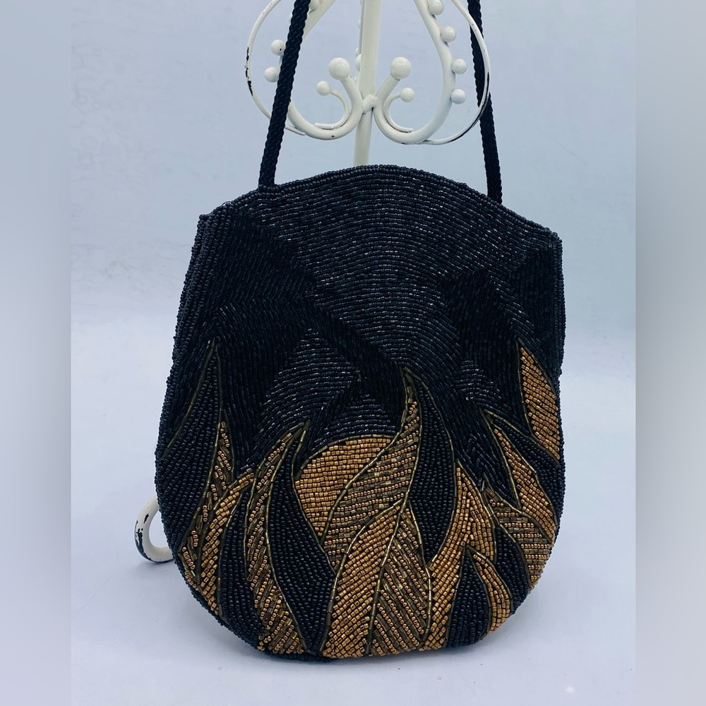 Vintage Black and Gold Beaded Women's Evening Bag